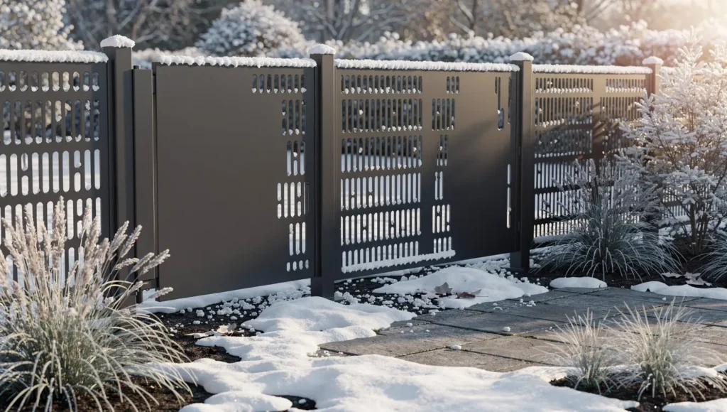 Nowoczesne panele metalowe w ogrodzie pozostawione na zimę, lekko pokryte śniegiem.