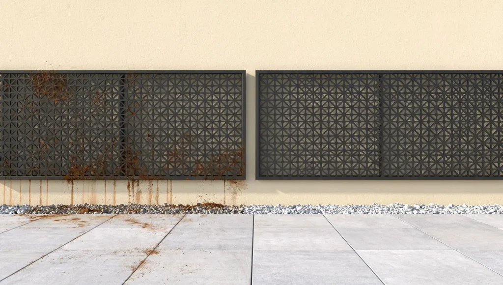 Nowoczesne ogrodzenie z paneli metalowych przy jasnej elewacji, z widoczną różnicą między zabrudzoną a czystą kostką.