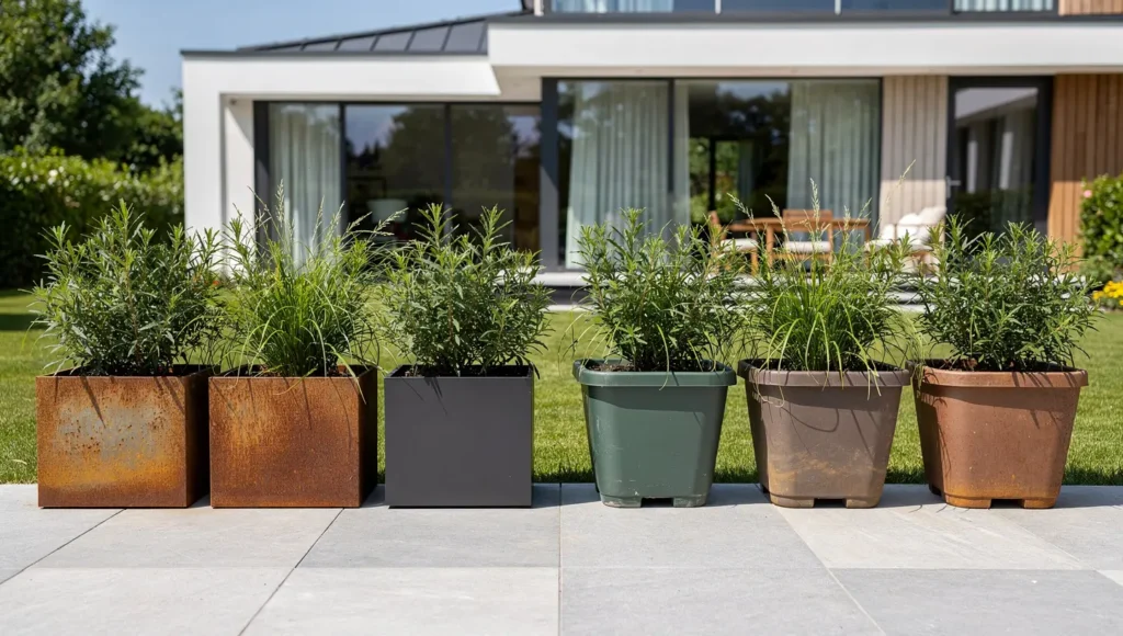 Porównanie donic metalowych i plastikowych ustawionych obok siebie na tarasie ogrodowym