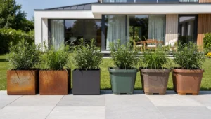 Porównanie donic metalowych i plastikowych ustawionych obok siebie na tarasie ogrodowym