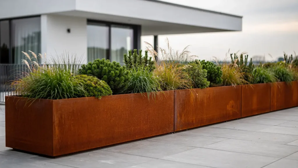 Długa prostokątna donica corten na tarasie nowoczesnego domu