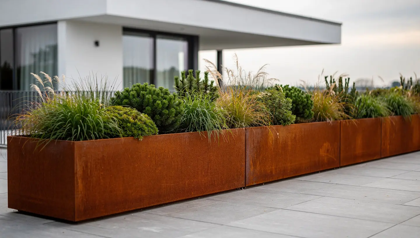 Długa prostokątna donica corten na tarasie nowoczesnego domu