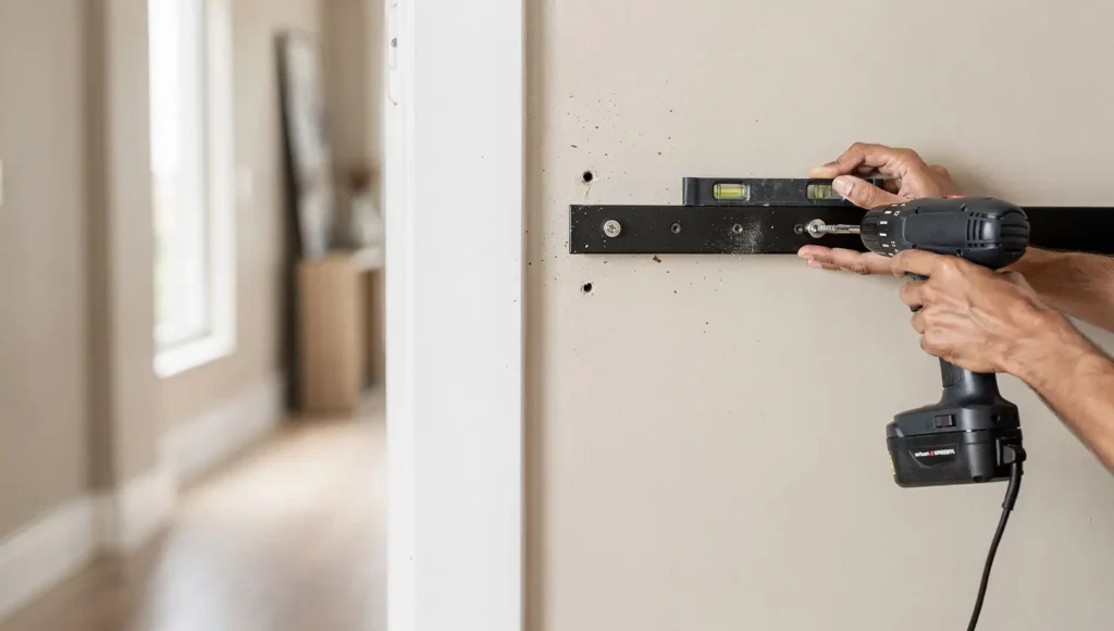 Montaż metalowego wieszaka ściennego w przedpokoju z użyciem poziomicy, wkrętów i kołków rozporowych – bez uszkadzania tynku
