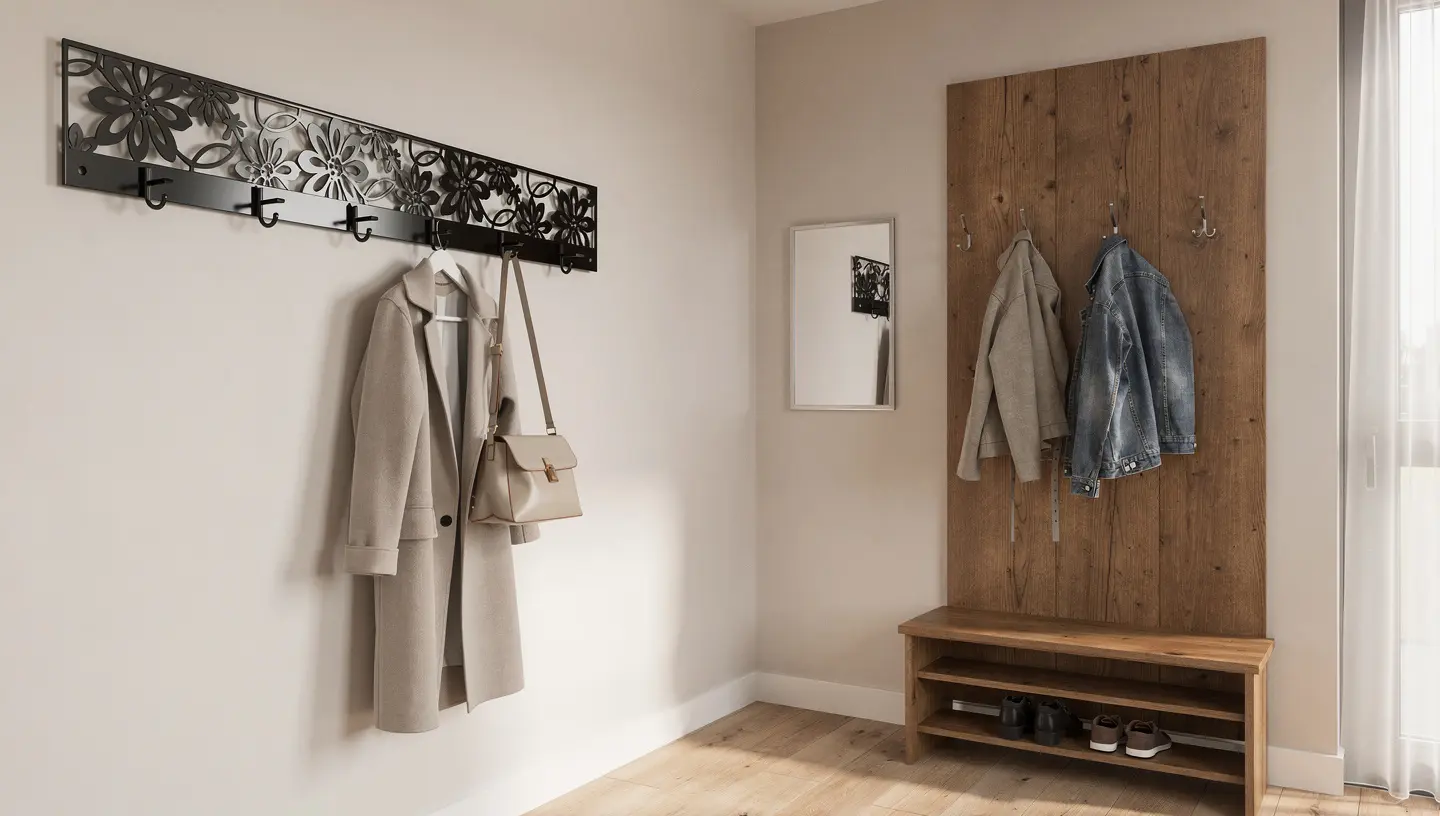 Porównanie metalowego i drewnianego wieszaka ściennego w jasnym przedpokoju