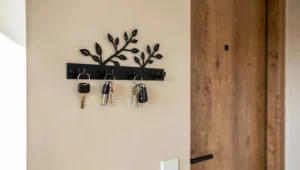 Metalowy wieszak ścienny na klucze przy drzwiach wejściowych w nowoczesnym przedpokoju.