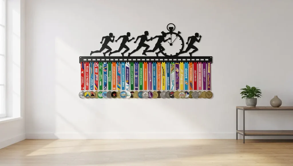 Metalowy wieszak na medale z motywem biegowym, wypełniony kolorowymi medalami w nowoczesnym przedpokoju