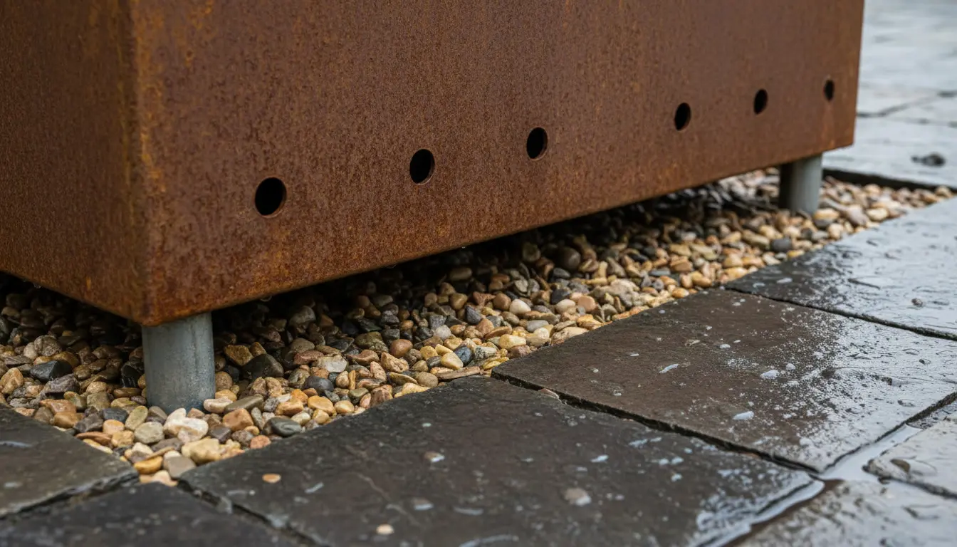 Dno donicy metalowej ze stopkami i otworami odpływowymi ustawione na warstwie żwiru