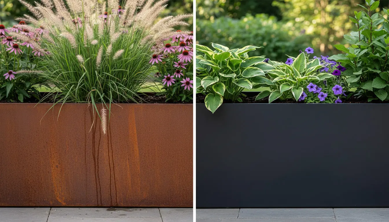 Zbliżenie na powierzchnię donicy corten i donicy malowanej proszkowo