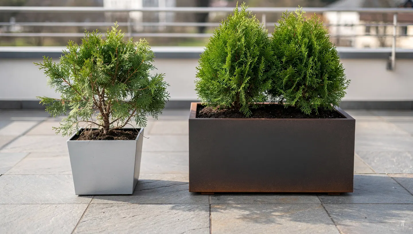 Porównanie małej i dużej donicy metalowej dla tui na tarasie