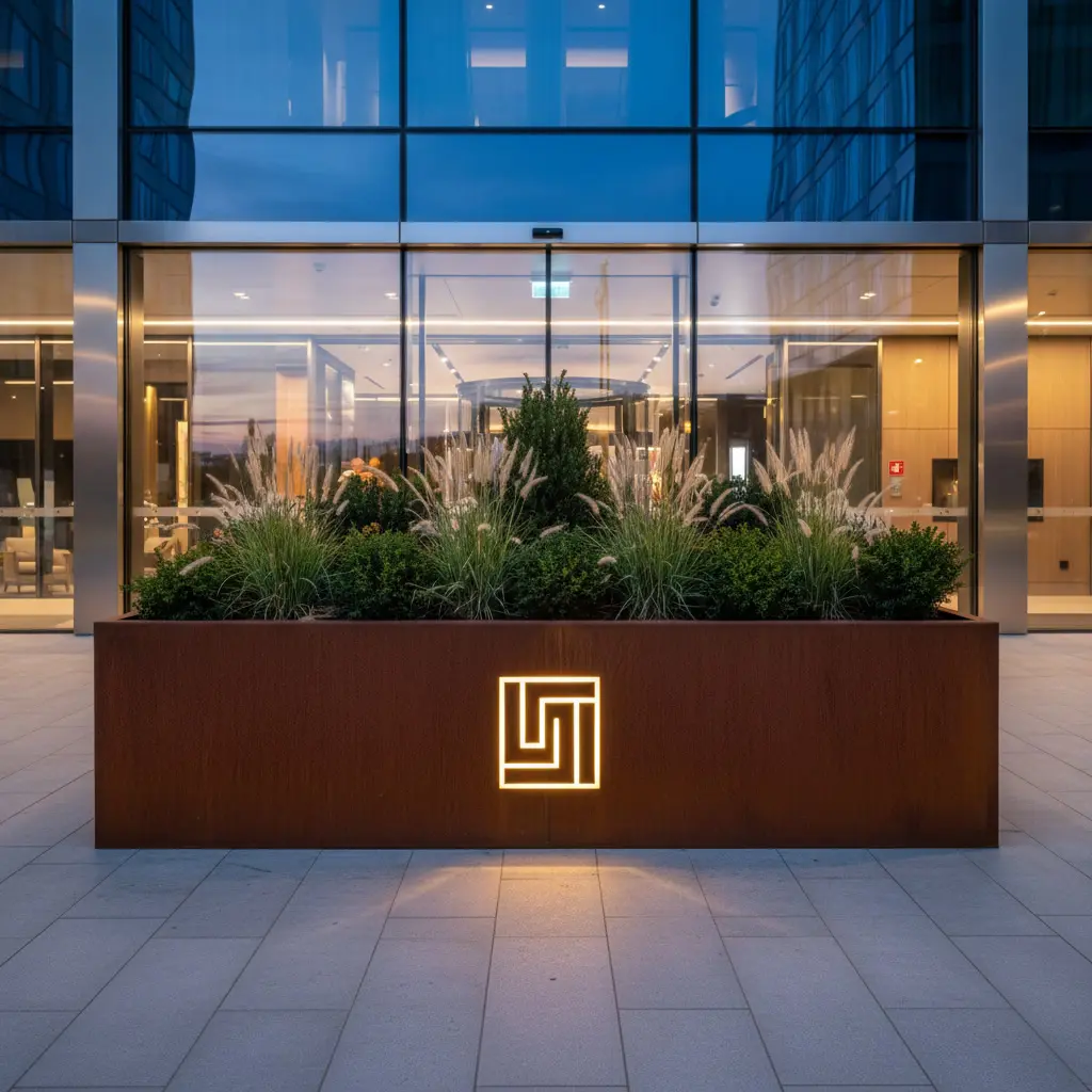 Prostokątna donica LED z cortenu z podświetlanym logo na placu przed biurowcem