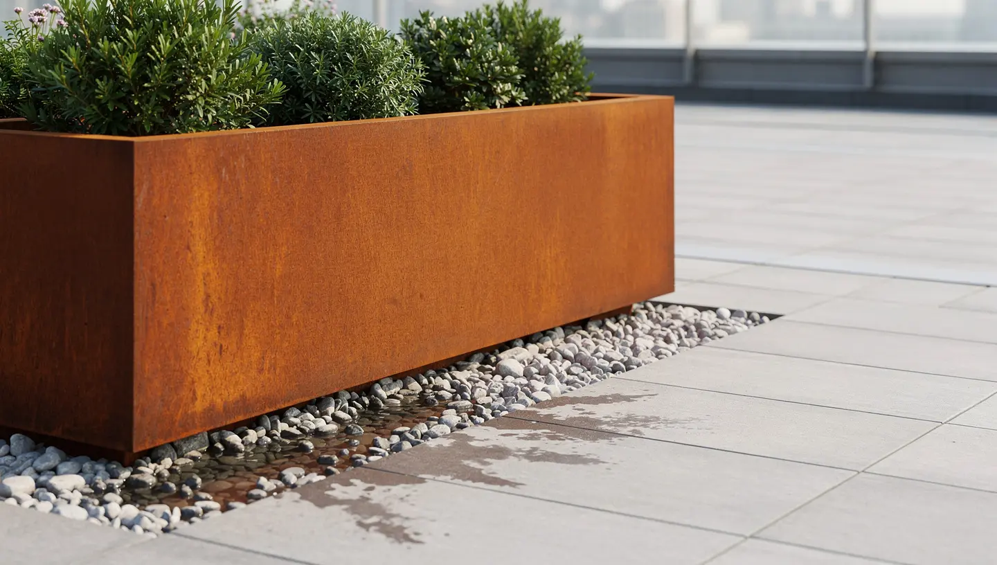 Donica corten ustawiona nad pasem żwiru, który przejmuje zacieki z patyny