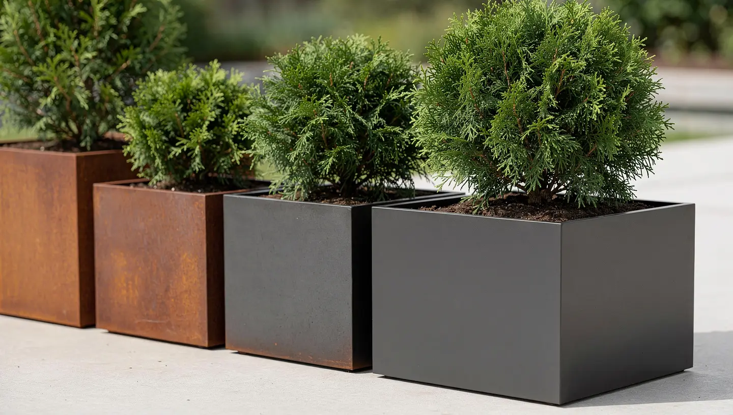 Kilka donic metalowych o różnych rozmiarach z tym samym typem rośliny ustawionych w jednym rzędzie