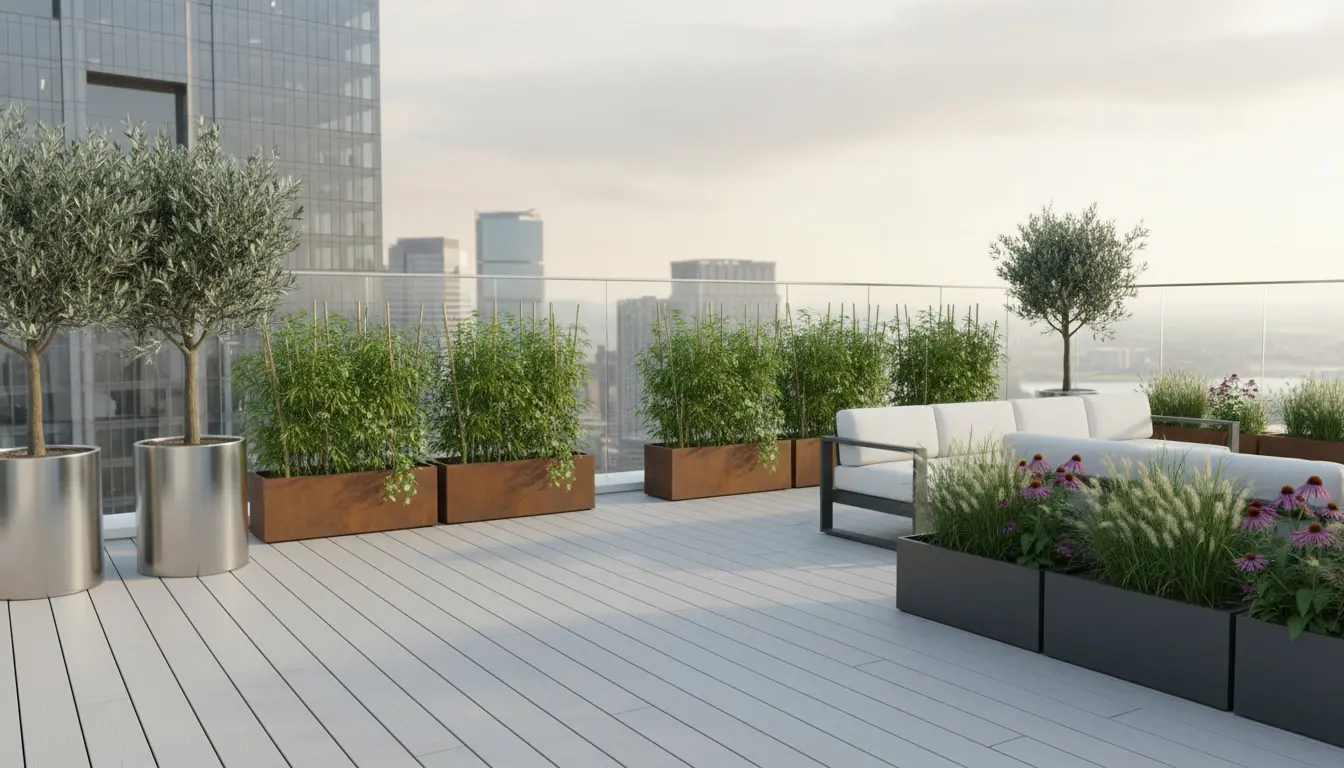 Różne ustawienia donic metalowych na tarasie – przy balustradzie, przy sofie i przy wejściu na taras