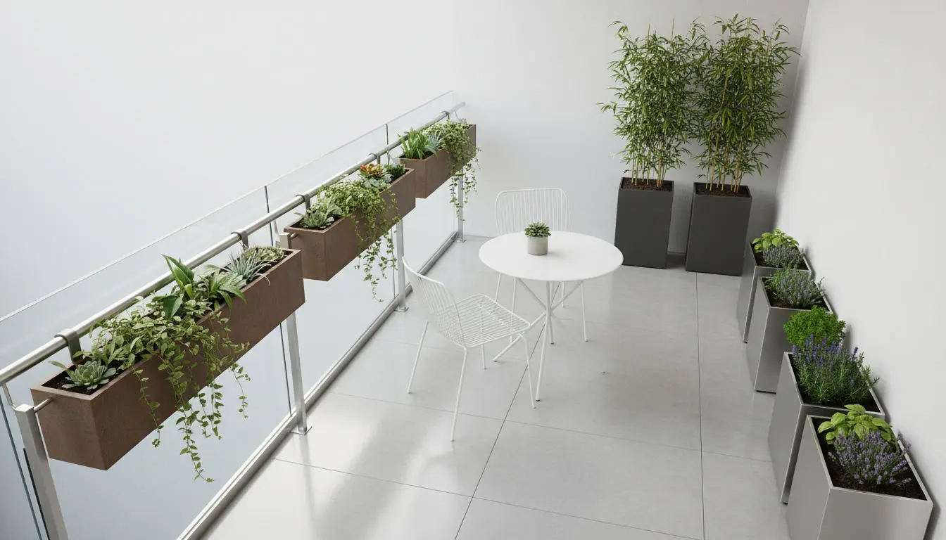 Rozmieszczenie donic metalowych na małym balkonie w celu oszczędzania miejsca