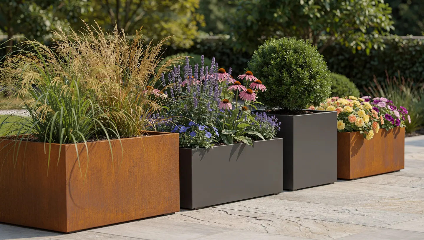 Donice metalowe z trawami ozdobnymi, bylinami, iglakami i roślinami sezonowymi ustawione w jednym rzędzie