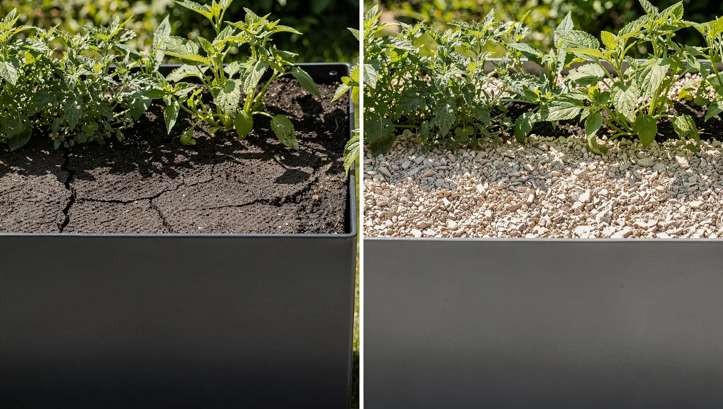 Porównanie dwóch donic metalowych latem – bez ściółki i z jasną ściółką na powierzchni ziemi