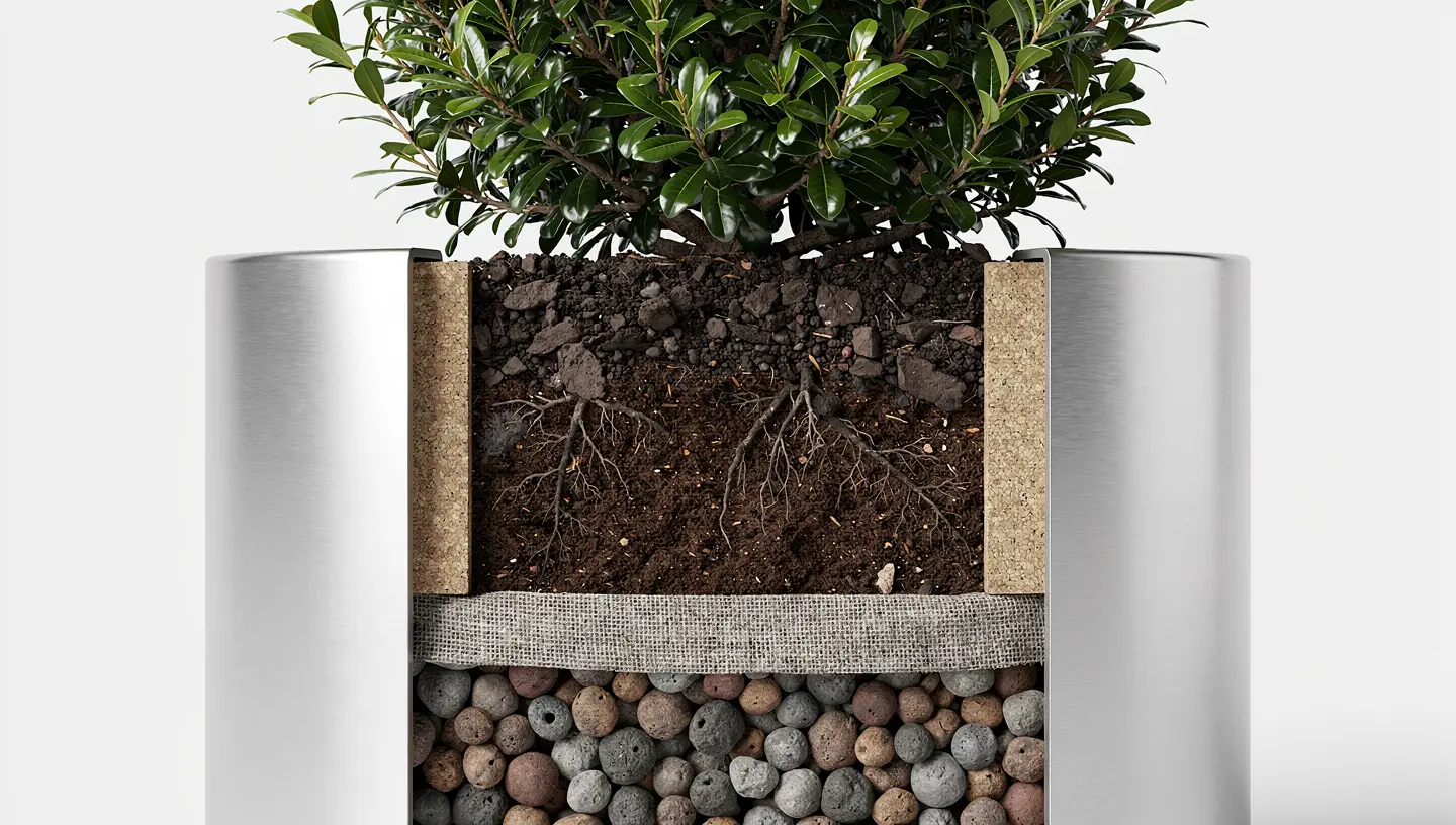 Przekrój donicy metalowej z warstwą ocieplenia, drenażem i ziemią