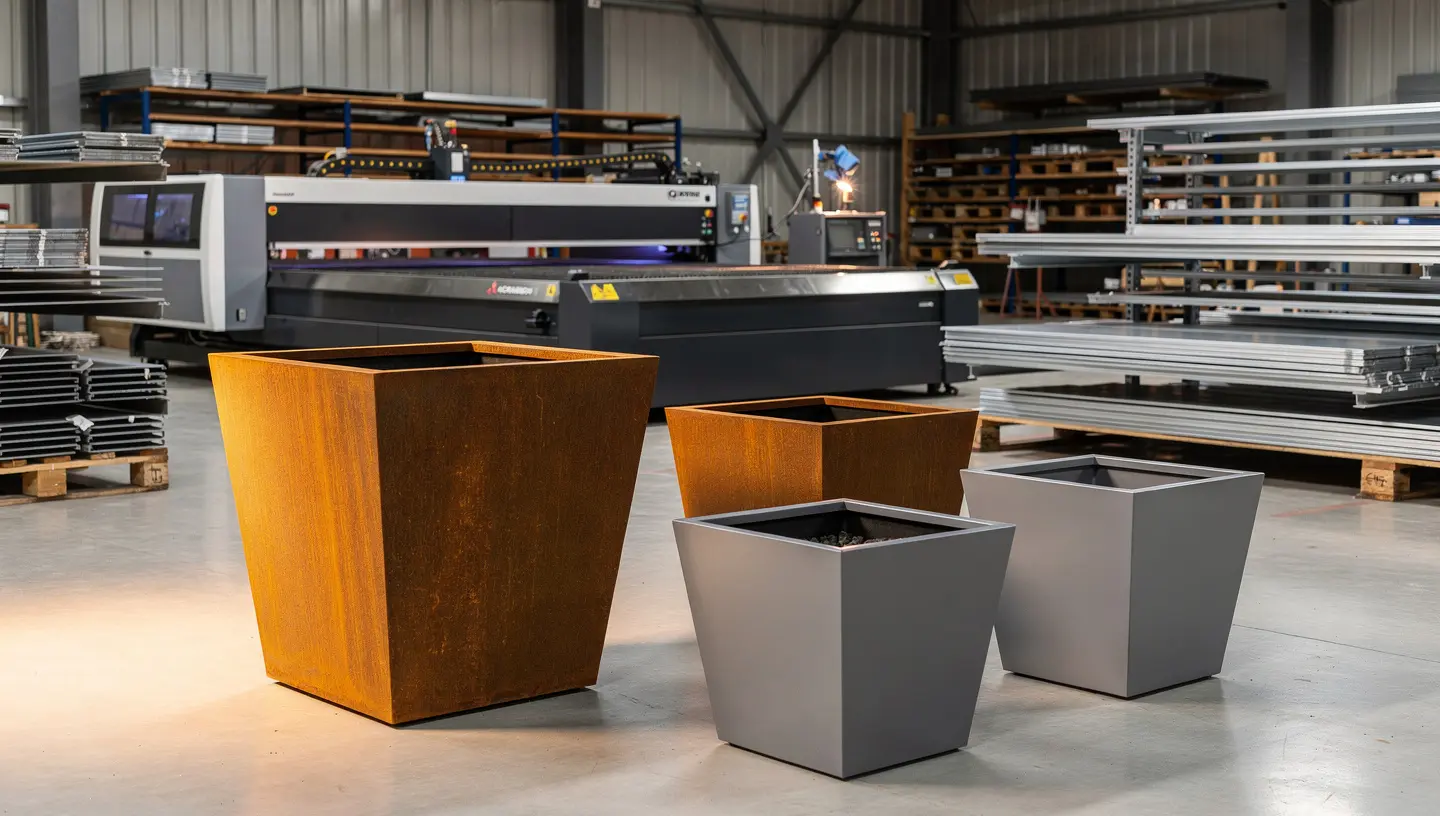 Hala produkcyjna z gotowymi donicami metalowymi i maszynami do obróbki stali