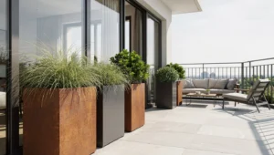 Wysokie smukłe donice metalowe ustawione na tarasie przy balustradzie