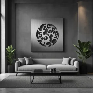 Nowoczesny salon w odcieniach szarości z dużym metalowym panelem dekoracyjnym nad sofą.