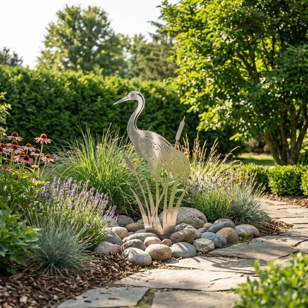 Metalowa dekoracja ogrodowa do wbicia Czapla w Trzcinach w cortenie – ozdoba na rabatę i trawnik