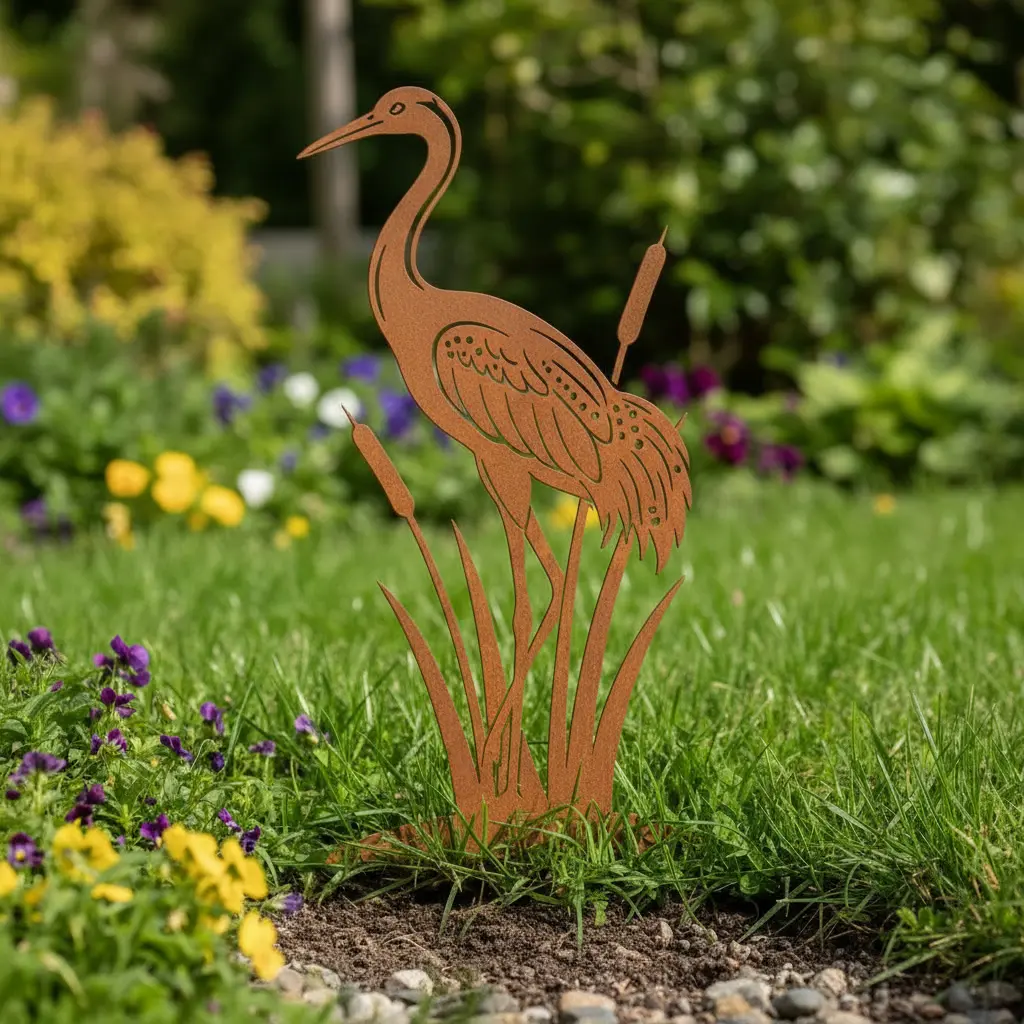 Metalowa dekoracja ogrodowa do wbicia Czapla w Trzcinach w cortenie – ozdoba na rabatę i trawnik