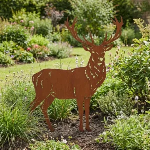 Dekoracja ogrodowa jeleń do wbicia w ziemię Jeleń Królewski – metalowa sylwetka jelenia z porożem