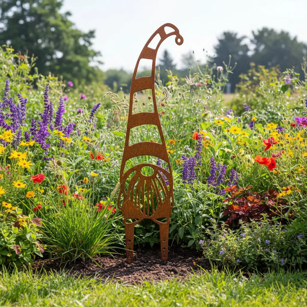 Dekoracja ogrodowa krasnal do wbicia w ziemię Strażnik Łąki – metalowy krasnal z wysoką czapką