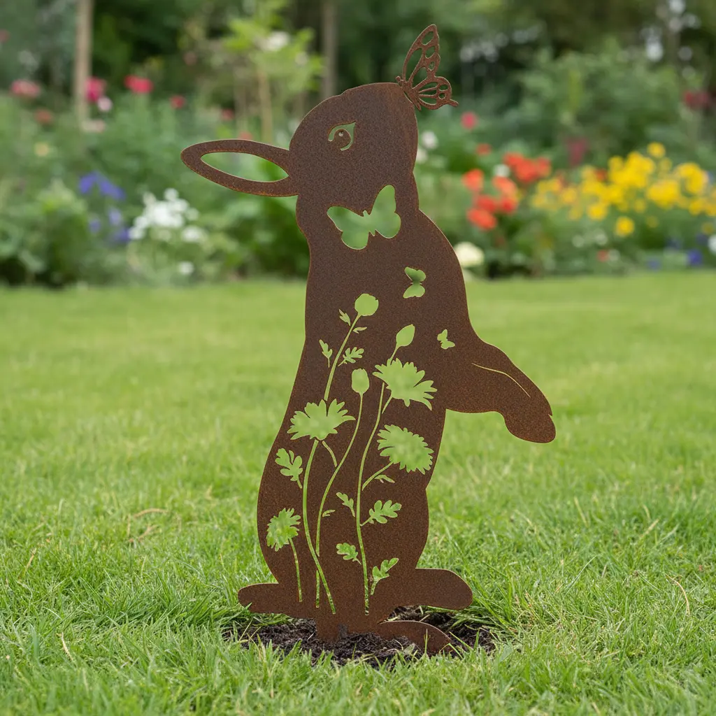 Metalowa dekoracja ogrodowa do wbicia Królik wiosenny na rabacie kwiatowej