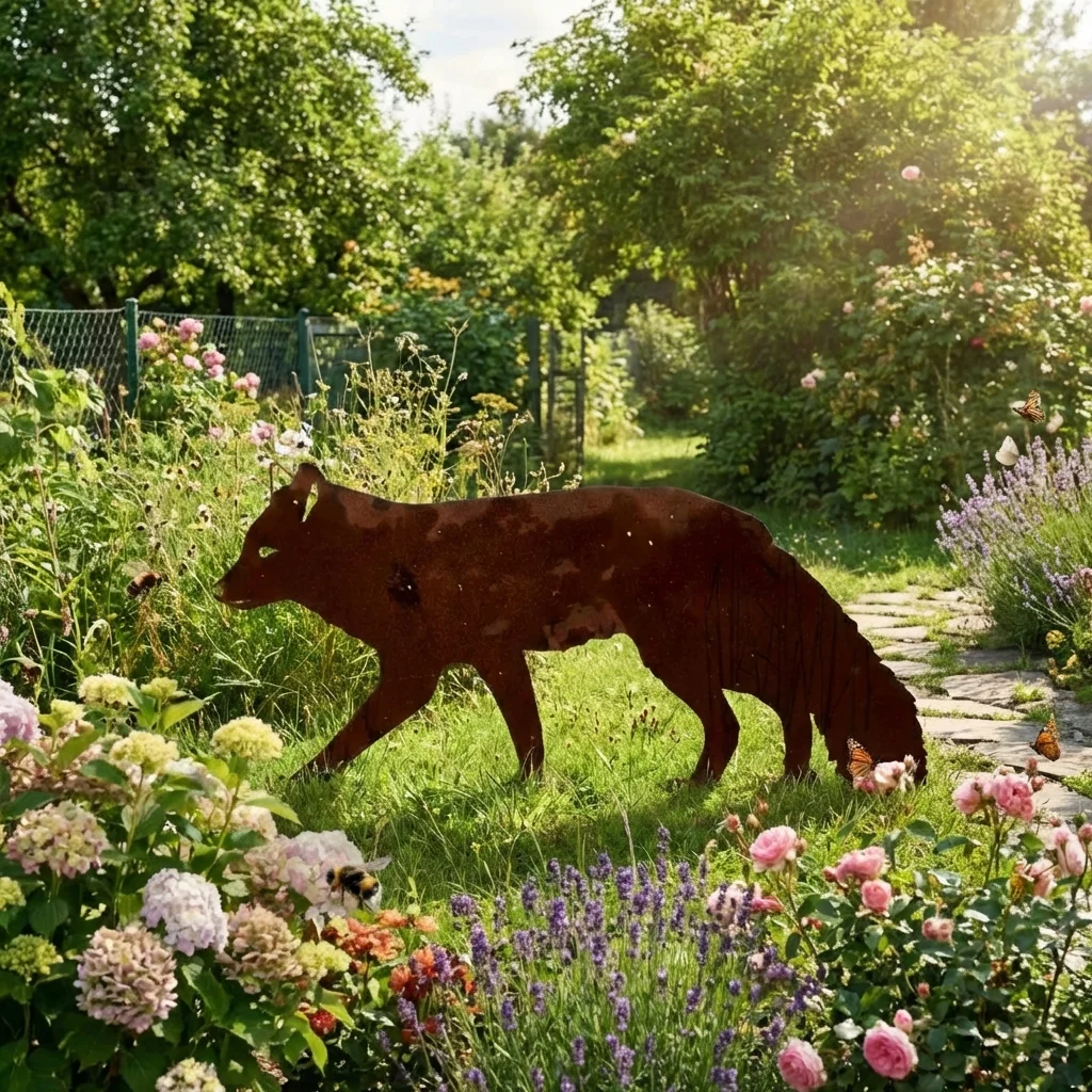 Dekoracja ogrodowa lis do wbicia w ziemię Leśny Lis – metalowa sylwetka lisa w ogrodzie