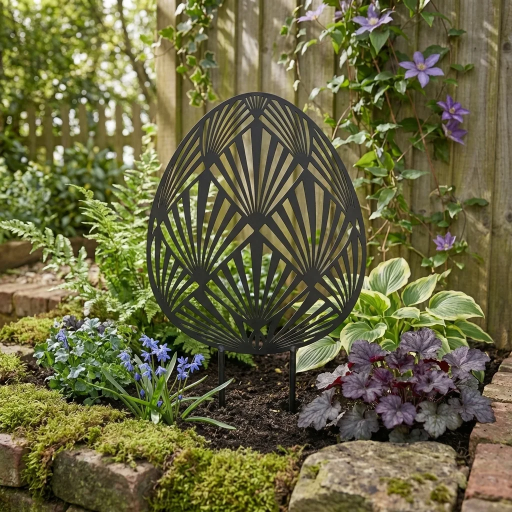 Ogrodowa dekoracja metalowa Ogrodowe Jajo Art Deco Elegance do wbicia w ziemię na rabacie