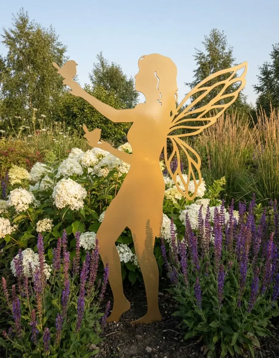 Dekoracja ogrodowa wróżka do wbicia w ziemię Opiekunka Ogrodu – metalowa wróżka ze skrzydłami i ptaszkami