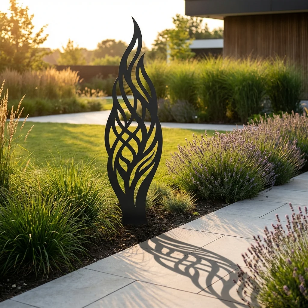 Metalowa dekoracja ogrodowa Splot Żywiołów do wbicia w ziemię przy ścieżce w nowoczesnym ogrodzie