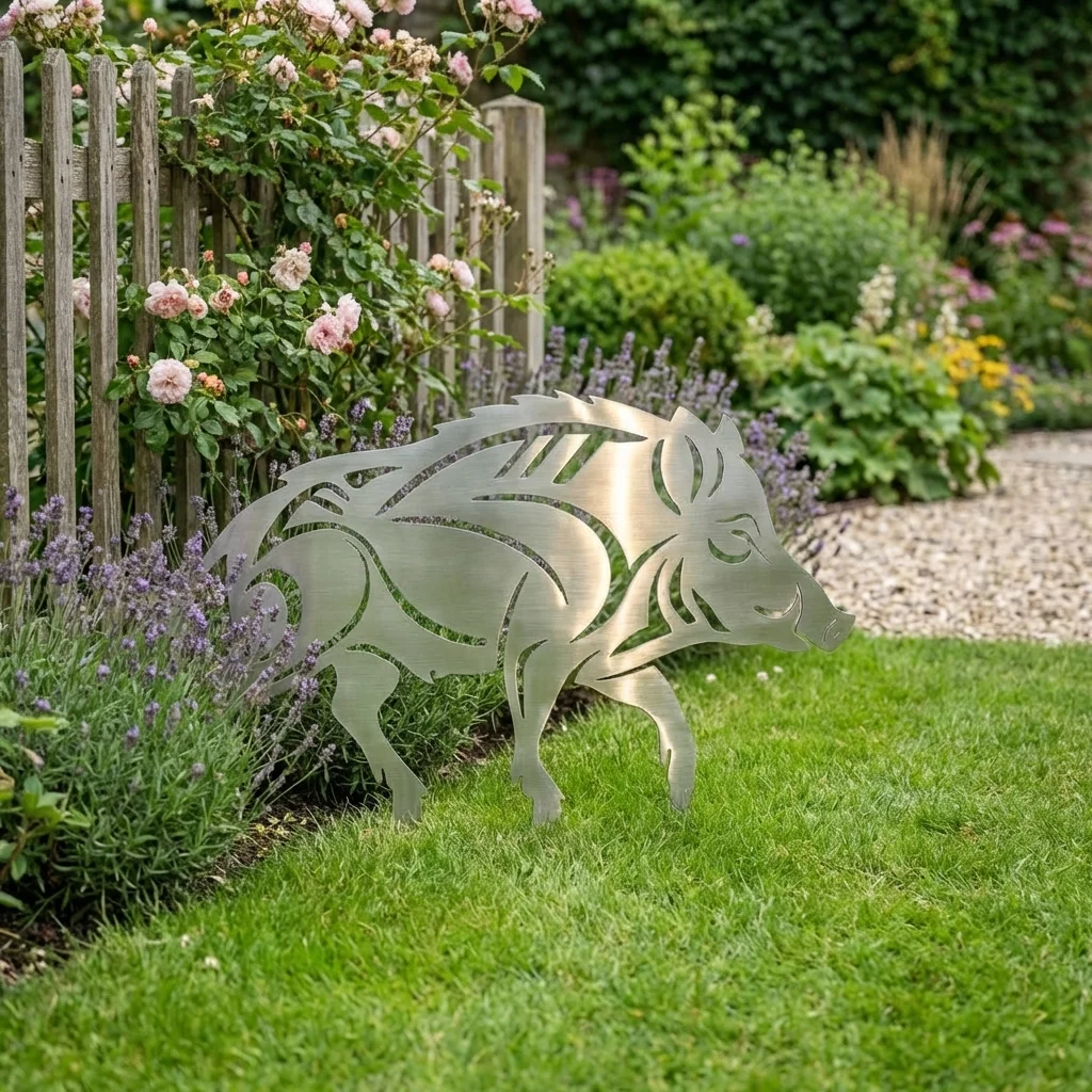 Metalowa dekoracja ogrodowa dzik do wbicia w ziemię Dzik Wędrowiec Ogrodu na trawniku