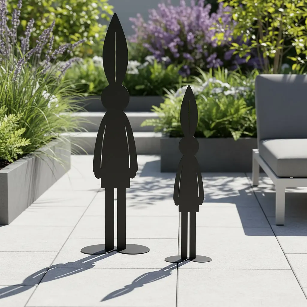 Metalowa rzeźba wolnostojąca zając Zając Strażnik – smukła dekoracja na podstawie w ogrodzie