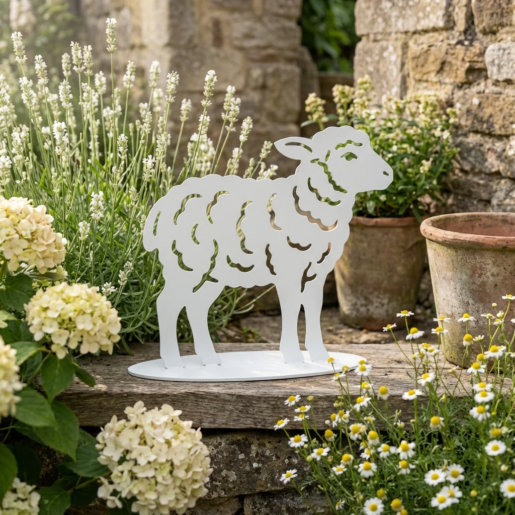Cichy baranek sylwetka ogrodowa – wolnostojąca dekoracja z metalu w kolorze białym