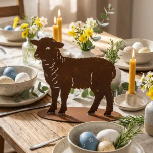 Baranek Ognia sylwetka stołowa – metalowa dekoracja w kolorze corten na wielkanocnym stole