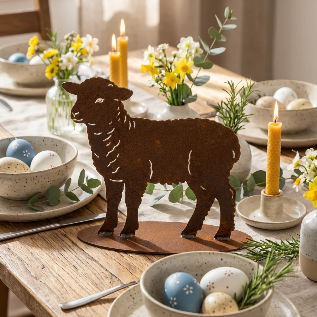 Baranek Ognia sylwetka stołowa – metalowa dekoracja w kolorze corten na wielkanocnym stole