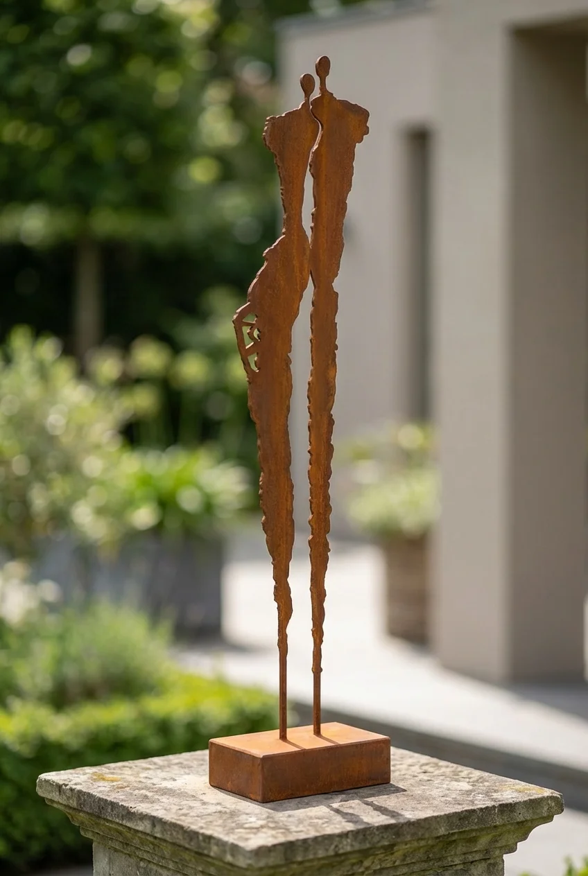 Bliskość wolnostojąca rzeźba ogrodowa – artystyczna dekoracja z metalu w wykończeniu corten