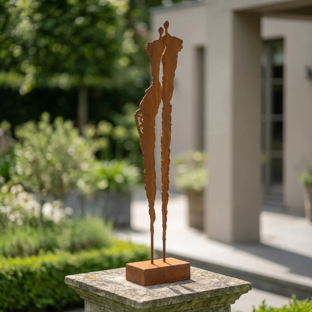Bliskość wolnostojąca rzeźba ogrodowa – artystyczna dekoracja z metalu w wykończeniu corten