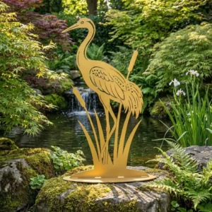 Dekoracja metalowa wolnostojąca czapla w trzcinach – rzeźba ogrodowa na podstawie