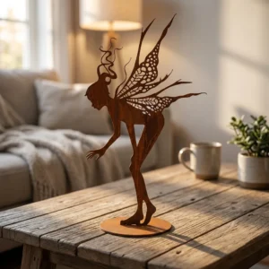 Dekoracja metalowa wolnostojąca wróżka Motyli Taniec – cortenowa rzeźba ze skrzydłami motyla na podstawie