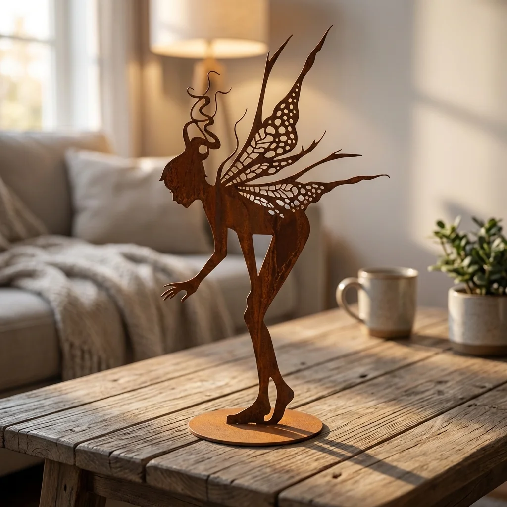 Dekoracja metalowa wolnostojąca wróżka Motyli Taniec – cortenowa rzeźba ze skrzydłami motyla na podstawie