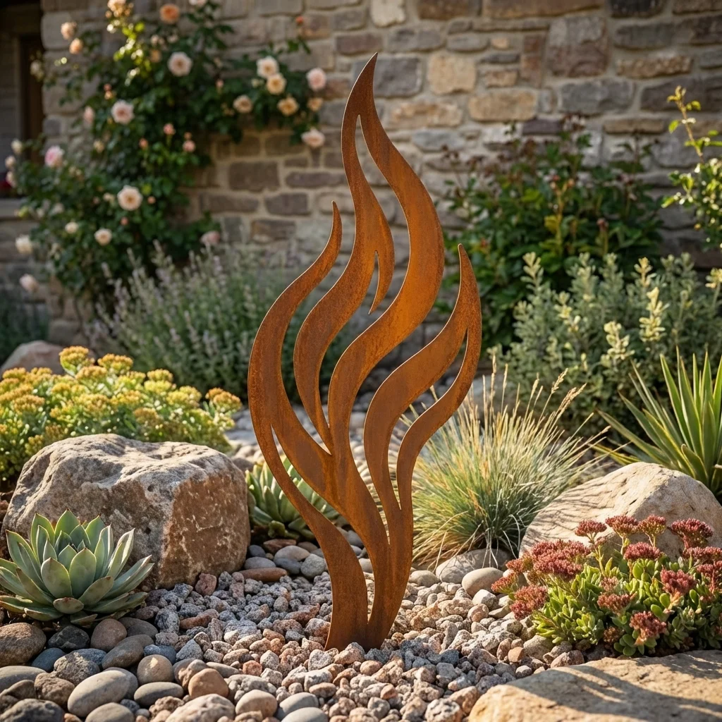 Metalowa dekoracja ogrodowa Płomień Ciszy do wbicia w ziemię w aranżacji z kamieniami i roślinami