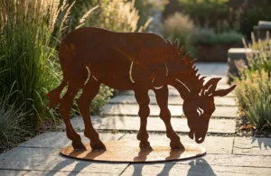 Dekoracja metalowa premium osioł Spokojny Osioł – rdzawa rzeźba corten na podstawie