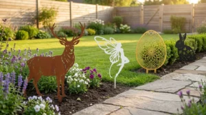 Metalowe dekoracje ogrodowe do wbicia w ziemię – zwierzęta, jajka i kwiaty na rabacie i trawniku