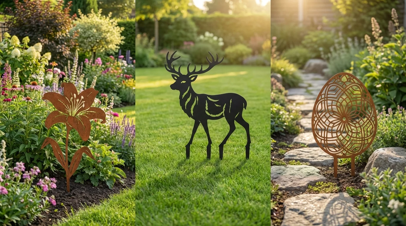 Dekoracje ogrodowe do wbicia na rabaty, trawnik i ścieżki – metalowe zwierzęta, jajka i kwiaty