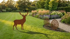 Duże dekoracje ogrodowe do wbicia w ziemię – metalowe zwierzęta, jajka i kwiaty w aranżacji dużego ogrodu