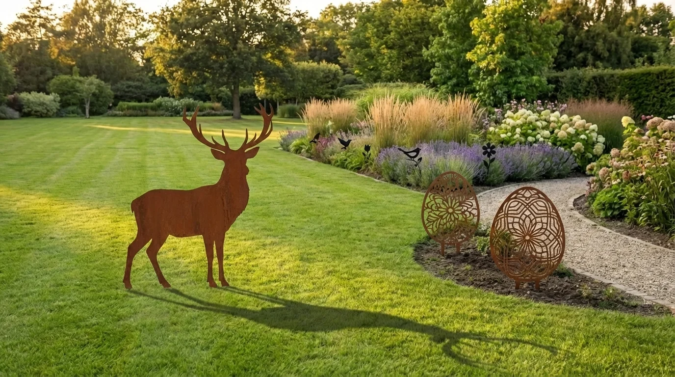 Duże dekoracje ogrodowe do wbicia w ziemię – metalowe zwierzęta, jajka i kwiaty w aranżacji dużego ogrodu