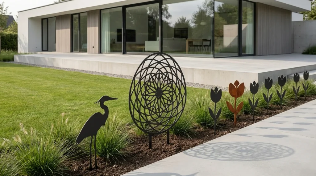 Nowoczesne dekoracje ogrodowe do wbicia – minimalistyczna aranżacja z metalowymi formami w ogrodzie